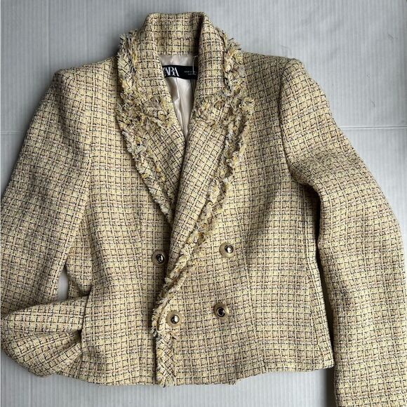 ZARA Double Breasted Tweed Weave Cropped Jacket - Picture 5 of 16
